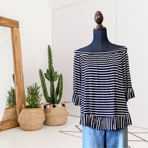 White Birch Off Shoulder 3/4 Bell Sleeve Striped Top